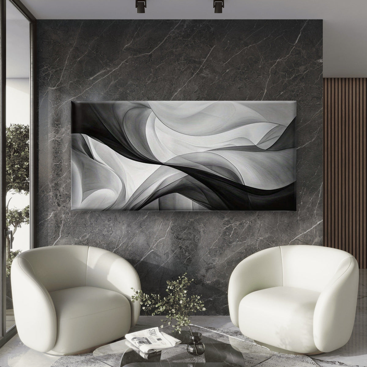 White Black Infinite Ripples Wall Art Canvas Office Home Room Framed 120x60cm