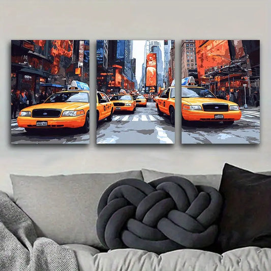 3pcs Cabs in the City Scene Metal Print Ready to Hang Art