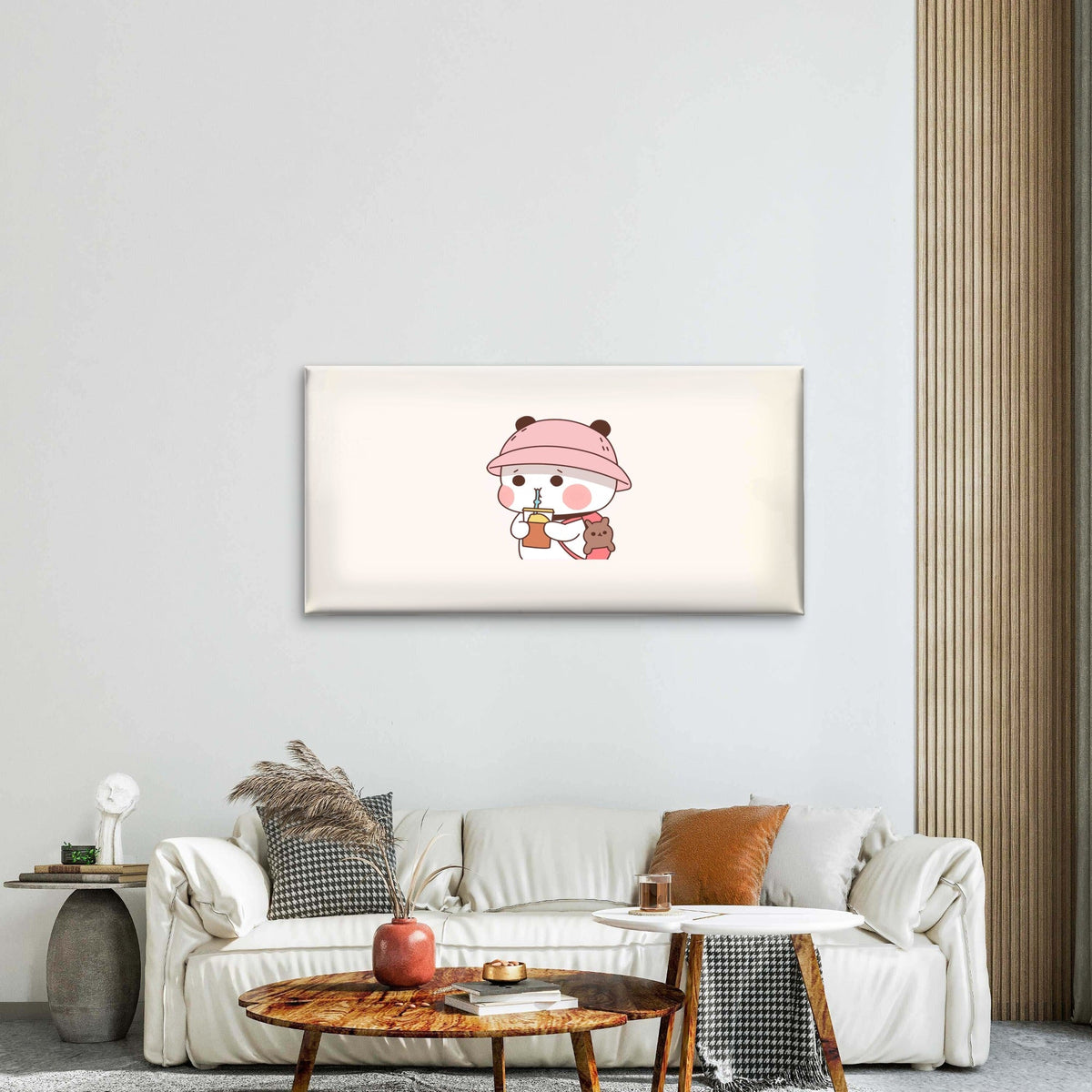 Panda Cat Drinking Bubble Tea Wall Art Canvas Office Home Room Framed 80x45cm