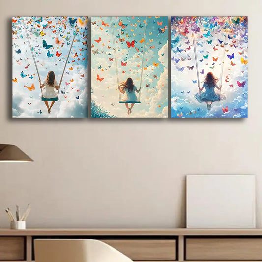 3pcs A Girl on a Swing Metal Print Ready to Hang Art