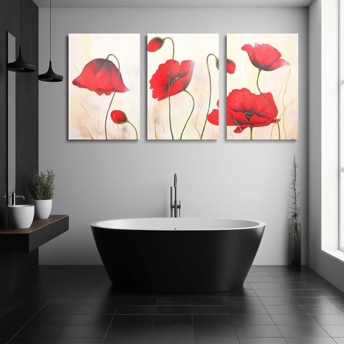 3pcs Red Poppy Modern Watercolor Elegant Painting Metal Print Ready to Hang Art