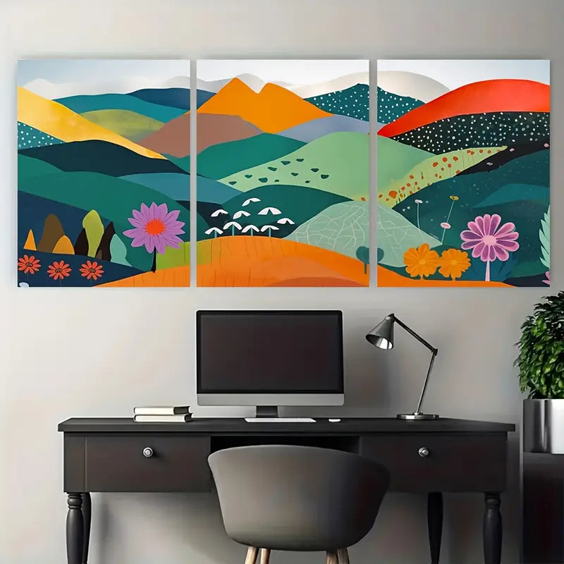 3pcs Colorful Papercut Hills Daisies Metal Print Ready to Hang Art