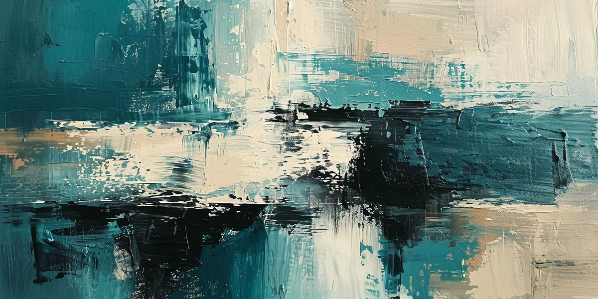 Modern Teal Blue Cream Textured Painting Wall Art Canvas Office Home Framed 120x60cm