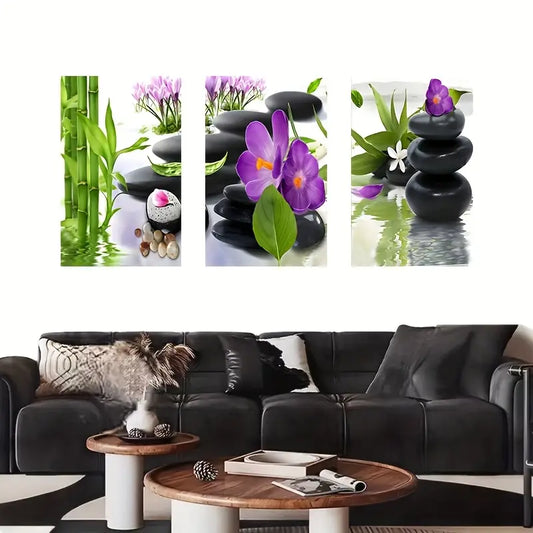 3pcs Spa Stone Orchid Zen-Style Natural Metal Print Ready to Hang Art