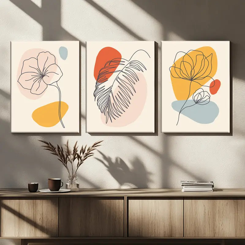 3pcs Artistic Line Flower and Line Leaves Metal Print Ready to Hang Art