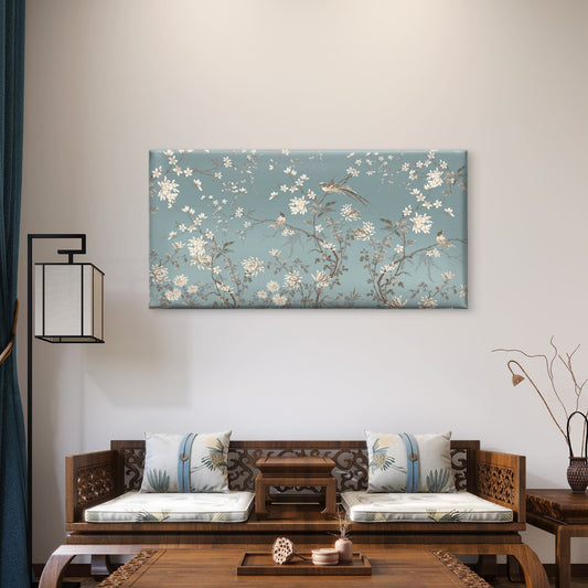Blue Chinoiserie Bird Floral Wall Art Canvas Office Home Room Framed 80x45cm