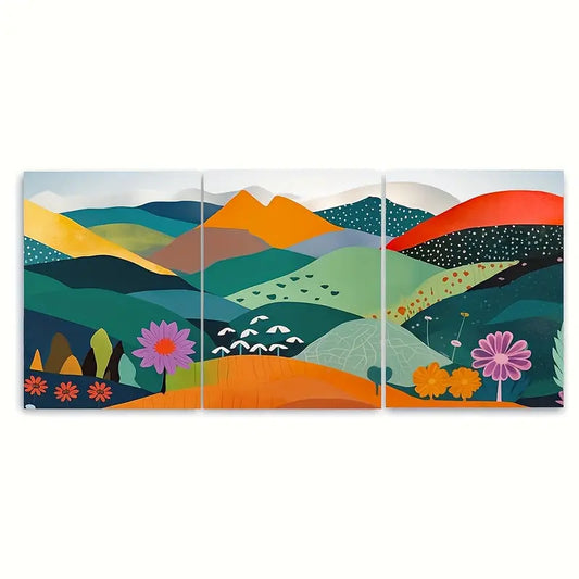 3pcs Colorful Papercut Hills Daisies Metal Print Ready to Hang Art