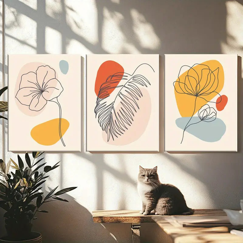 3pcs Artistic Line Flower and Line Leaves Metal Print Ready to Hang Art