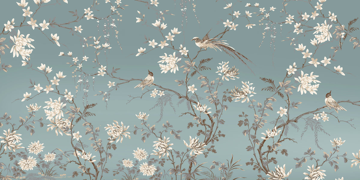 Blue Chinoiserie Bird Floral Wall Art Canvas Office Home Room Framed 80x45cm