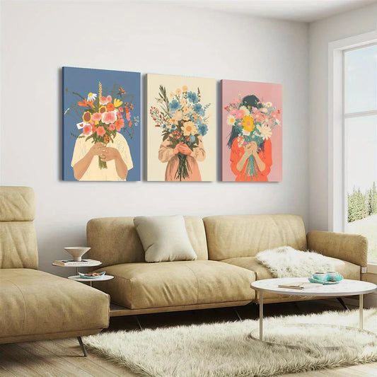 3pcs Beautiful Blooming Girl Holding Flowers Metal Print Ready to Hang Art