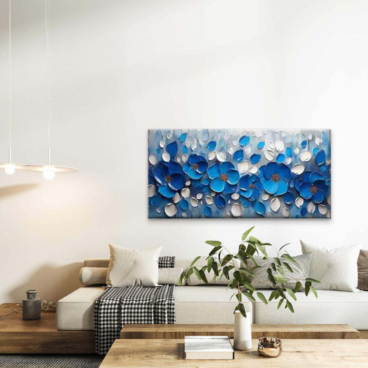 Abstract Blue Floral Petals Wall Art Canvas Office Home Room Framed 80x45cm