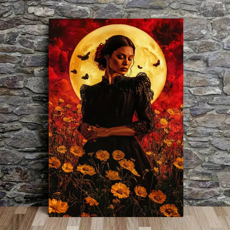 Woman & Flower Field Full Moon Print 100% Australian Made 40x60cm Stretched Canvas Ready to Hang