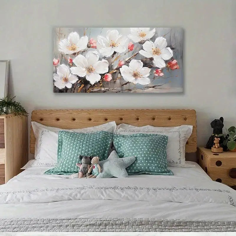 Abstract Blooming Flowers Elegant White & Golden Floral Wall Art canvas office home room framed 80x45cm