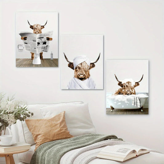 3pcs Scottish Highland Cow Funny Bathroom Metal Print Ready to Hang Art
