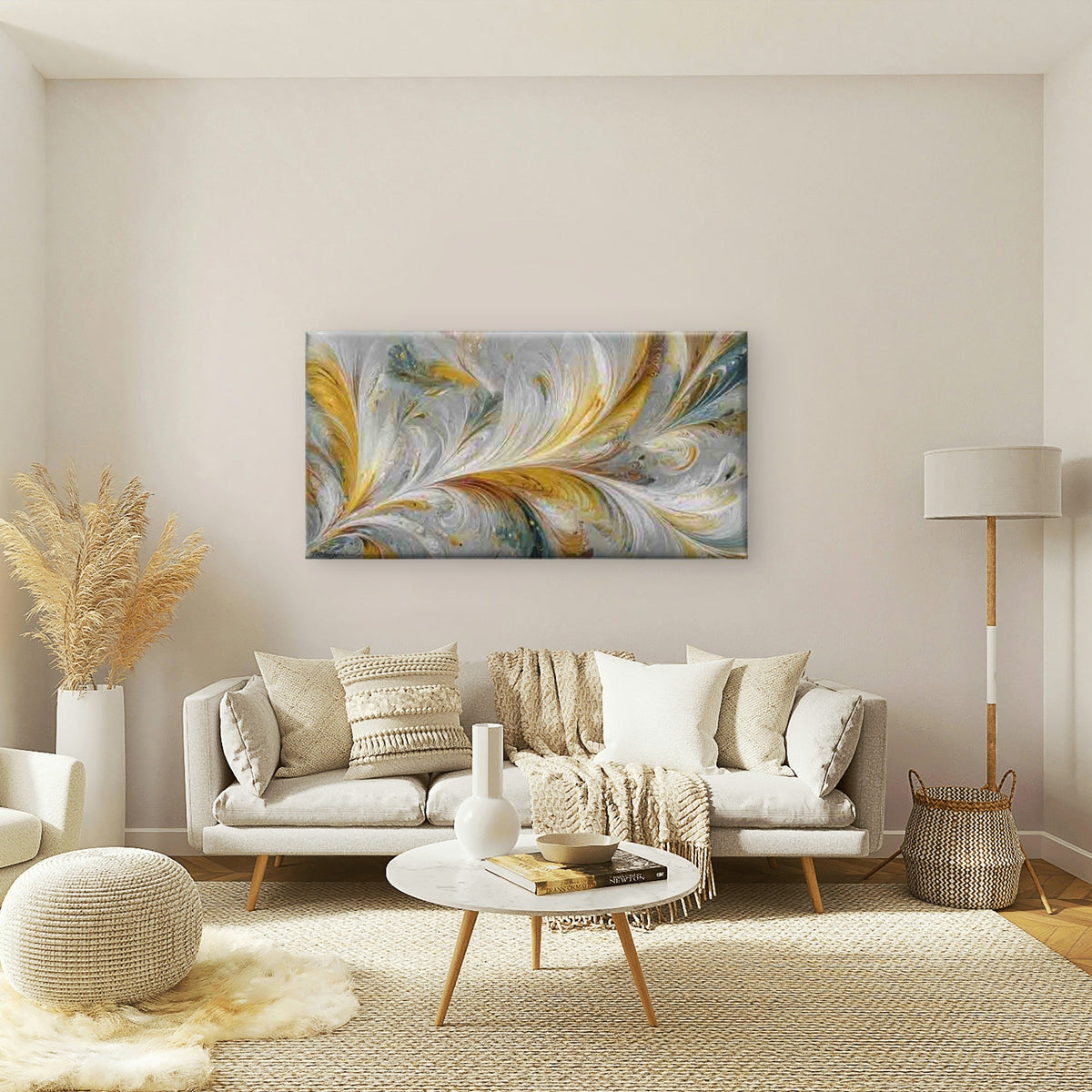 Yellow Blue White Swirls Wall Art Canvas Office Home Room Framed 80x45cm