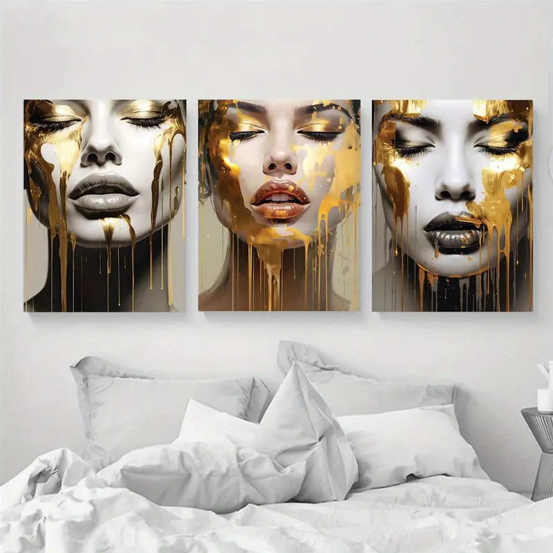 3pcs Abstract Woman Golden Face Design Metal Print Ready to Hang Art