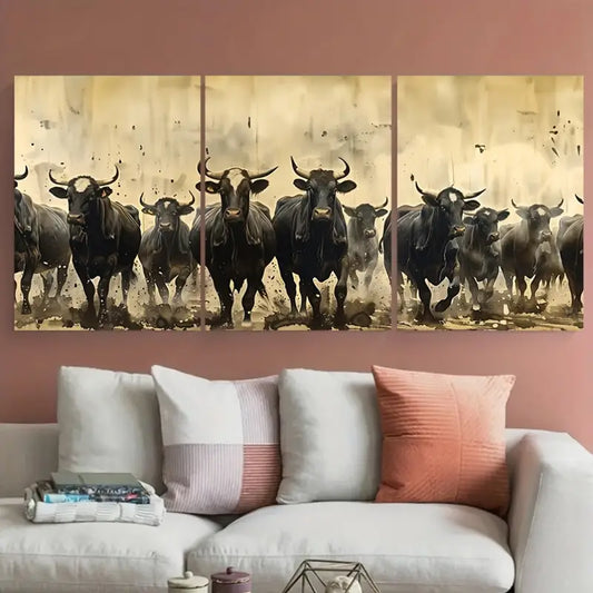 3pcs Vintage Cattle Stampede Animals Metal Print Ready to Hang Art