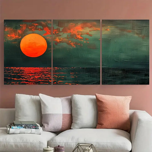 3pcs Dark Green & Orange Tones Sunset Metal Print Ready to Hang Art