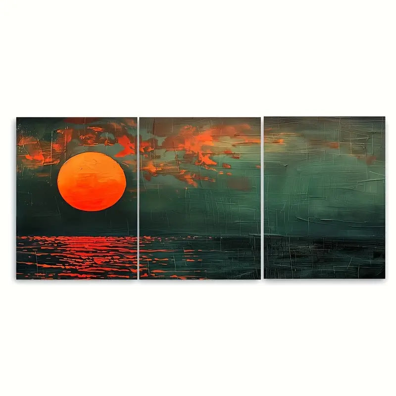 3pcs Dark Green & Orange Tones Sunset Metal Print Ready to Hang Art