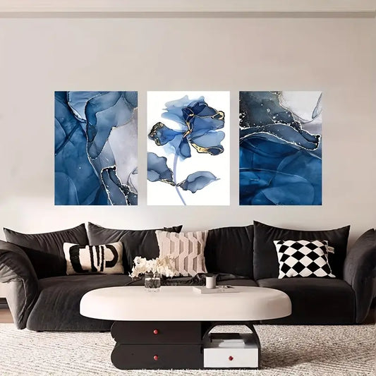 3pcs Abstract Blue Flower & Waterfall Metal Print Ready to Hang Art