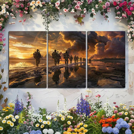 3pcs Military Sunset Soldiers Silhouette Metal Print Ready to Hang Art