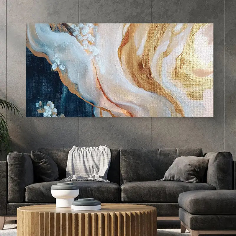 Elegant Abstract Golden, White, Beige & Teal Wall Art wall canvas office home room framed 80x45cm
