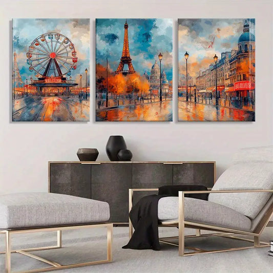 3pcs Vibrant Eiffel Tower, Ferris Wheel and French Streets Metal Print Ready to Hang Art