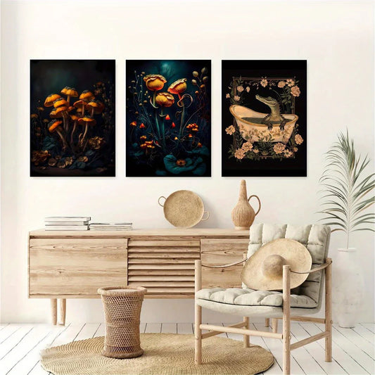 3pcs Colorful mushrooms and flowers at night Metal Print Ready to Hang Art