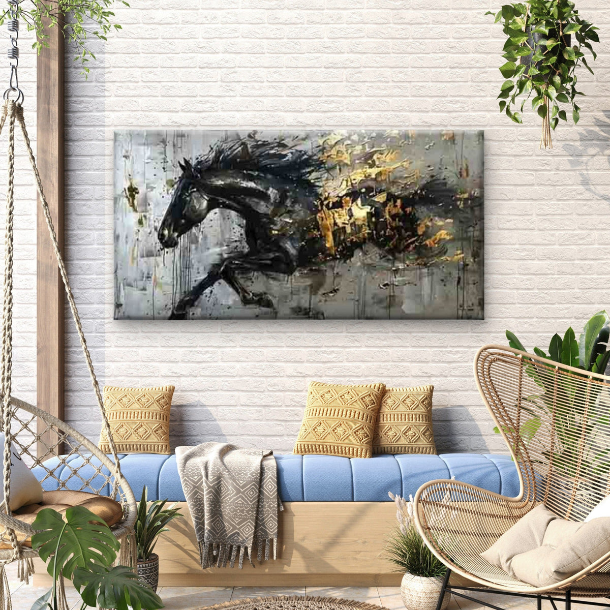 Abstract Black And Golden Horse Wall Art Canvas Office Home Room Framed 80x45cm