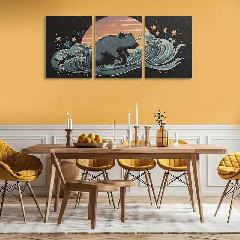 3pcs Wombat & Ocean Black Abstract Classic Design Metal Print Ready to Hang Art