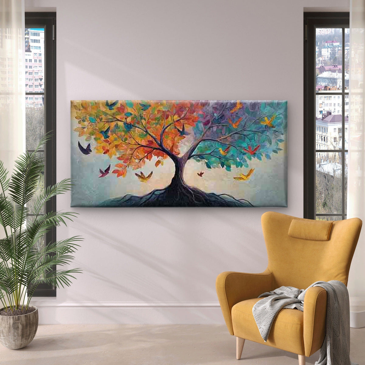 Tree with Flying Birds Wall Art Canvas Office Home Room Framed 80x45cm
