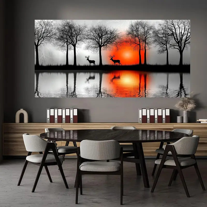 Deer by the Lake at Sunset with Misty Trees & Silhouettes Wall Art wall canvas office home room framed 120x60cm