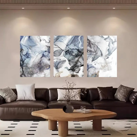 3pcs Abstract Marble Blue White and Gray Metal Print Ready to Hang Art