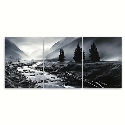 3pcs Moody Misty Mountains Pine Tree Metal Print Ready to Hang Art