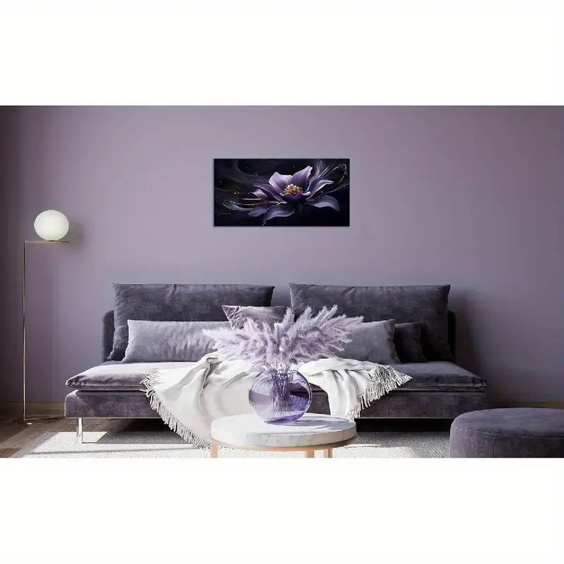 Purple Floral Black Swirls & Golden Accents Wall Art canvas office home room framed 80x45cm