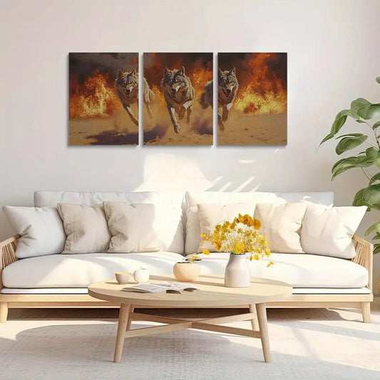 3pcs Dynamic Wolves Running in Flames Motif Metal Print Ready to Hang Art