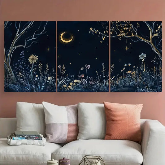 3pcs Mystical Floral Nightscape Moon Metal Print Ready to Hang Art