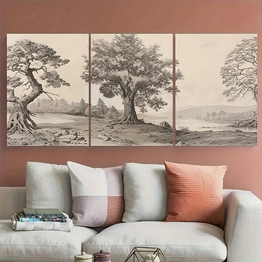 3pcs Vintage Black and White Tree Metal Print Ready to Hang Art