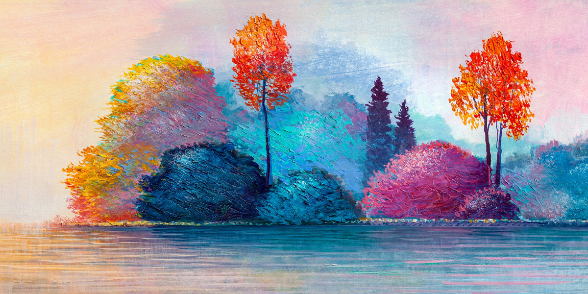 Impasto Autumn Lake Landscape Wall Art Canvas Office Home Room Framed 80x45cm
