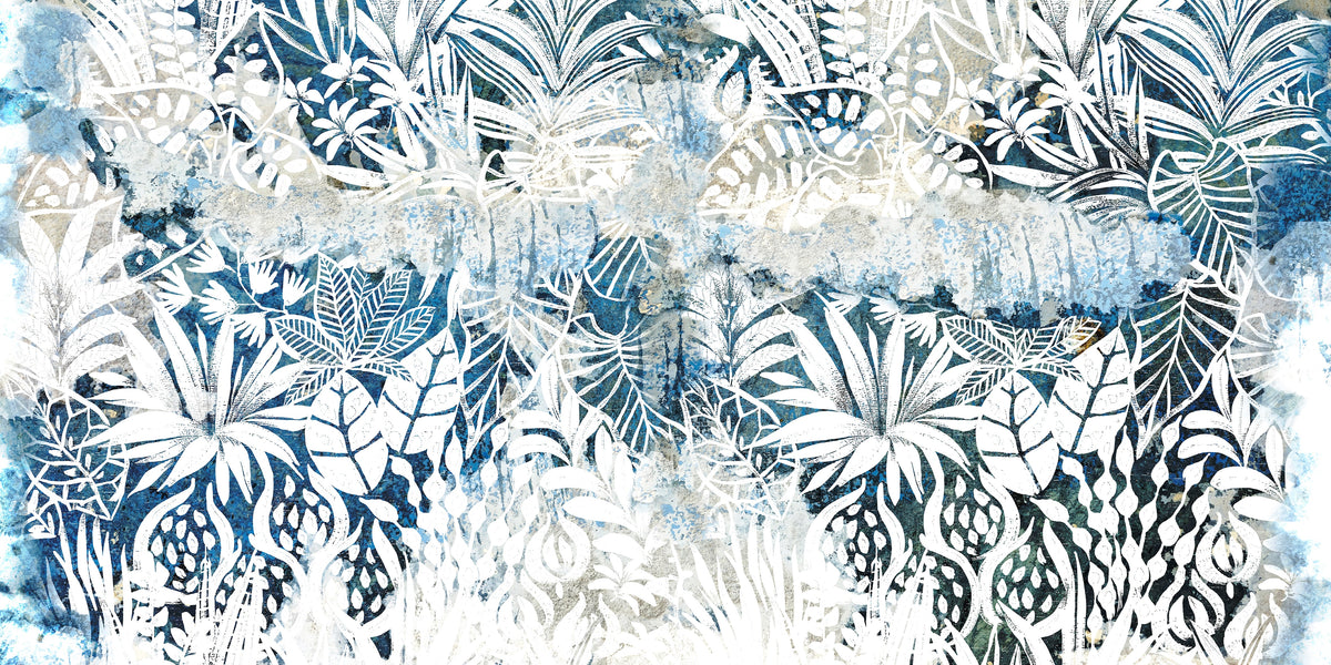 Distressed Blue Tropical Leaf Abstract Painting Wall Art Canvas Office Home Room Framed 80x45cm
