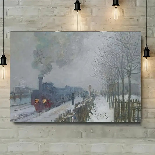 Vintage French Countryside Train in Snow Canvas Art Print 100% Australian Made 60x40cm Stretched Canvas Ready to Hang