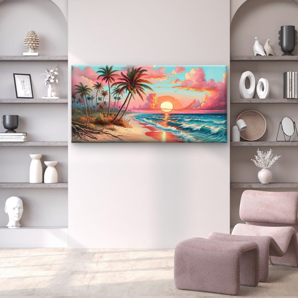 Tropical Beach Pink Sunset Wall Art Canvas Office Home Room Framed 120x60cm