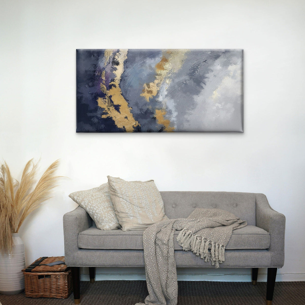 Navy Purple Grey Gold Abstract Wall Art Canvas Office Home Framed 80x45cm