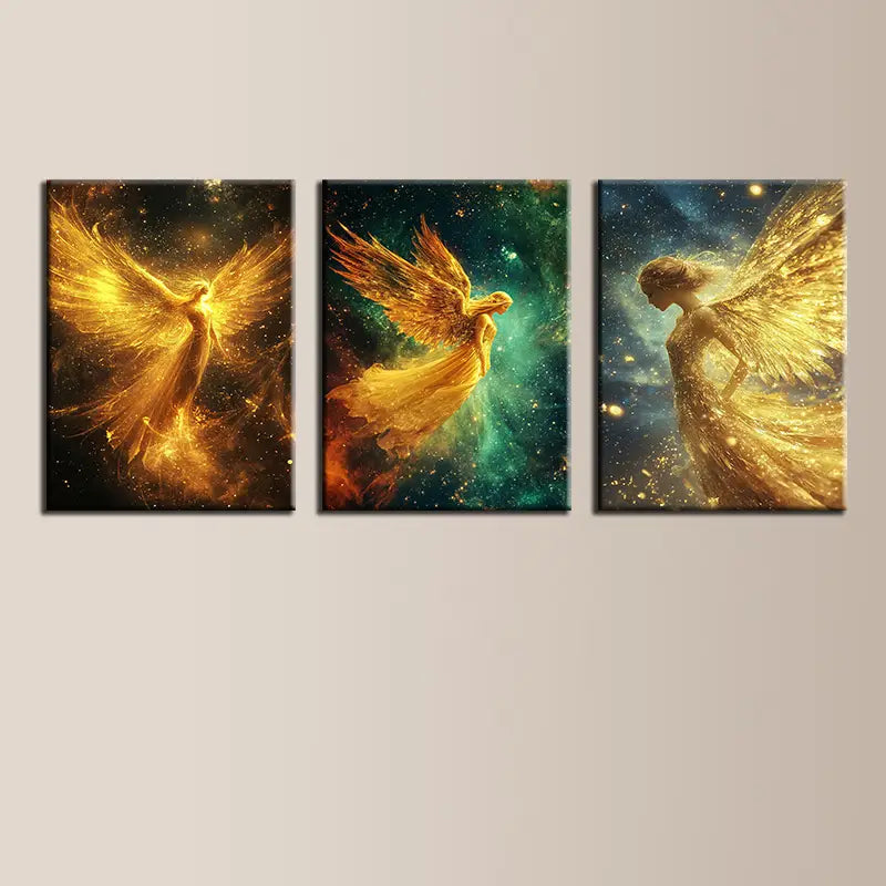 3pcs Glowing Angel Stunning Golden Painting Metal Print Ready to Hang Art
