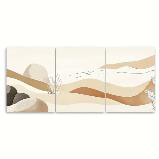3pcs Nature Hills with Beige Brown Metal Print Ready to Hang Art