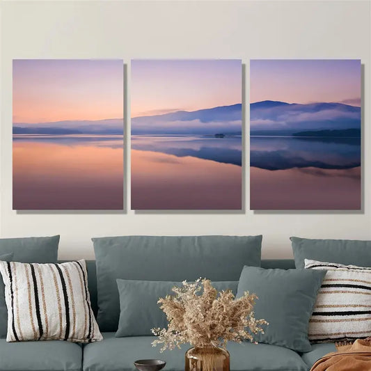 3pcs Mountains, Sunrise, Fog, Lake, Reflection Metal Print Ready to Hang Art