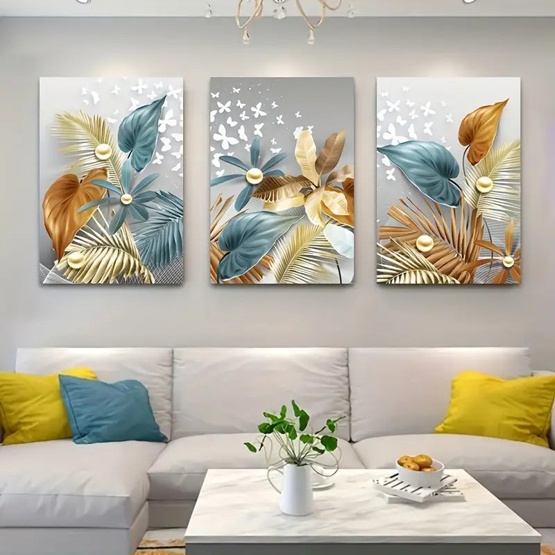 3pcs Golden Butterfly Leaf Floral Design Metal Print Ready to Hang Art