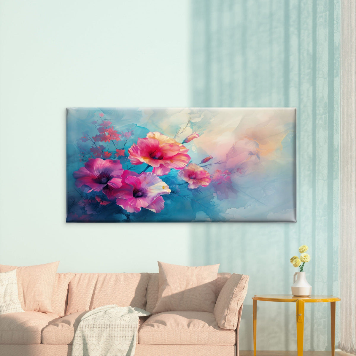 Pink Petals On Blue Wall Art Canvas Office Home Room Framed 80x45cm