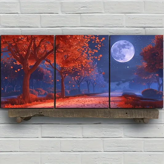 3pcs Watercolor Autumn trees Road Moon Night Metal Print Ready to Hang Art