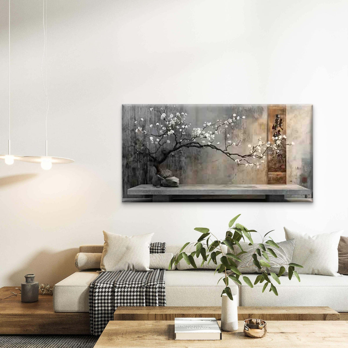 Cherry Blossom Tree on a Stone Wall Art Canvas Office Home Room Framed 120x60cm